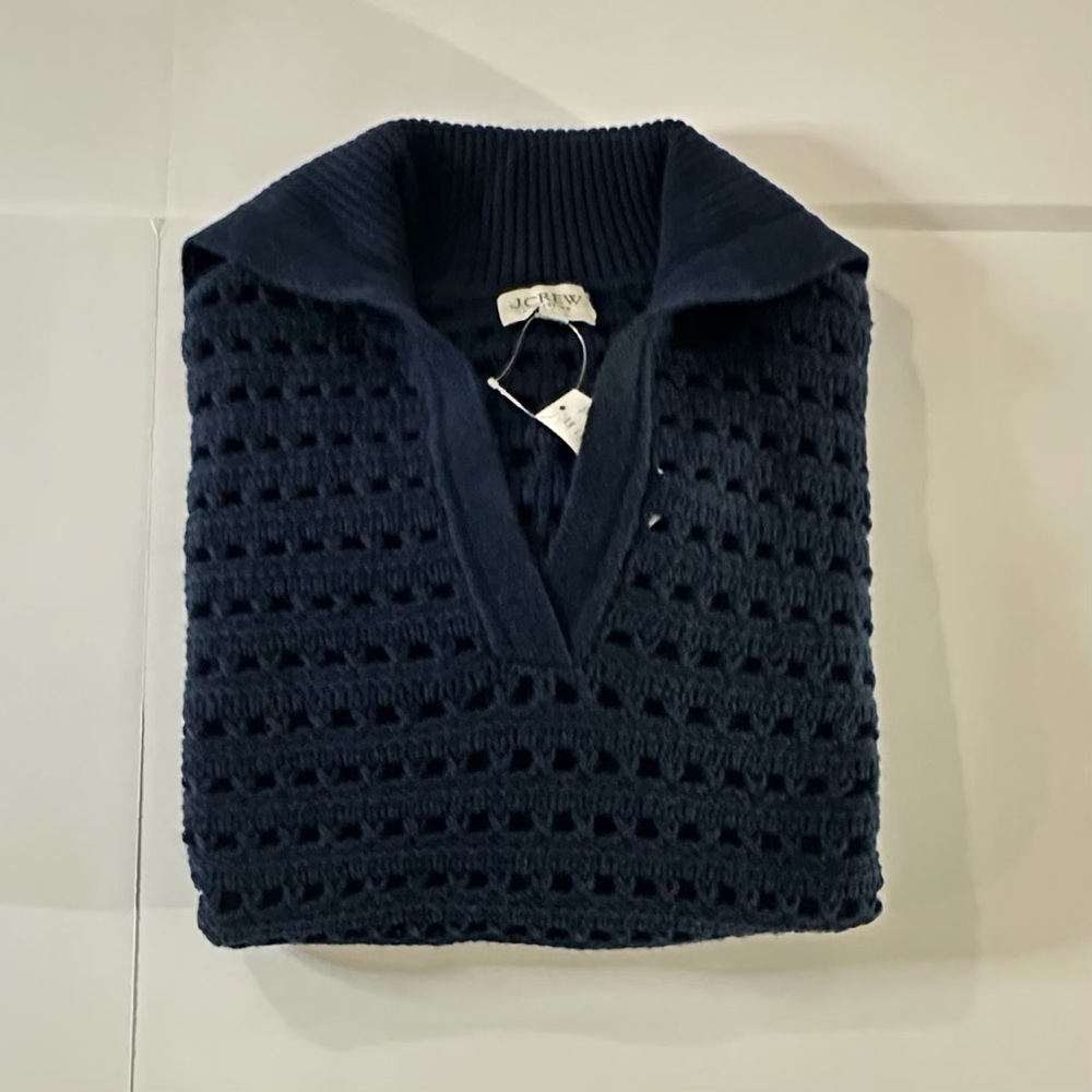 J. Crew Collection 100% Cashmere Sailor-Collar Pointelle Sweater Navy | XL | NWT - Picture 2 of 14